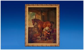 Nineteenth Century Oil Painting on Board. Signed Miller of  `A Farrier, shoeing a Chestnut