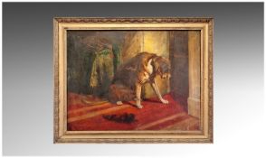 Nineteenth Century Oil Painting on Canvas of a Blood Hound in an Interior. 25 by 20 inches.