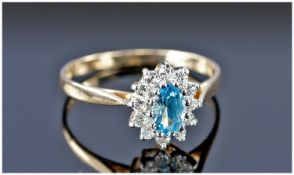 9ct Gold Dress Ring, Central Blue Stone Surrounded By Round CZ`s, Fully Hallmarked, Ring Size P½