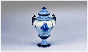 Royal Crown Derby Blue and White Sailing Boats, Two Handled Lidded Urn/Vase. Date 1898, 5 inches