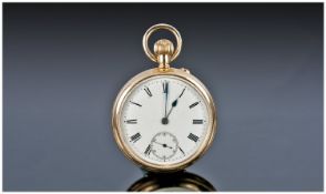 14ct Gold Plated Open Faced Pocket Watch, White Enamelled Dial With Roman Numerals And Subsidiary