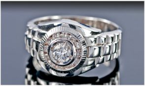 Gents 18ct Gold Rolex Style Diamond Ring, Set With A Central Round Modern Brilliant Cut Diamond