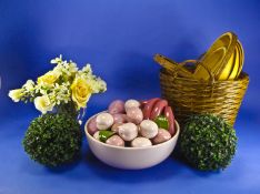 Collection of Modern Homeware. Comprising a large ceramic decorative fruit bowl, flower arrangement