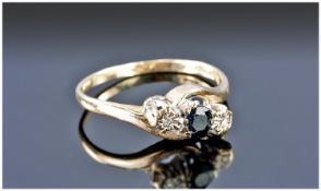 9ct Gold Dress Ring, Central Dark Blue Stone Set Between Two Round Diamonds, Fully Hallmarked, Ring