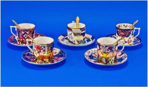 Royal Crown Derby Cups and Saucers, 5 in total. Various patterns, comprises 1. Old Japan date 1990,