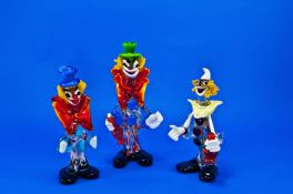 Three Glass Murano Clown Figures. 11, 10 and 9 inches in height.
