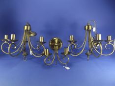 Pair of Contemporary Five Branch Brass Effect Ceiling Lights. Together with one single wall light.