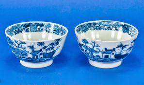 Royal Worcester 18th Century Blue and White Tea Bowls, circa 1760, depicting houses, trees and