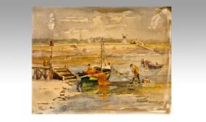Walter Eastwood 1867-1943 `Fishing Boats Lytham Beach`. Water Colour. Monogrammed. Artistic label