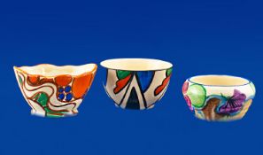 Clarice Cliff Handpainted Small Bowls, 3 in total. Various patterns, 1. Double V Pattern, Circa