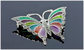 Silver Enamelled Butterfly Brooch, 30 x 43mm, Stamped 925