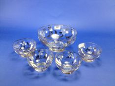Glass Serving Bowl, with four glass dessert bowls, all decorated with gilt and white foliage,