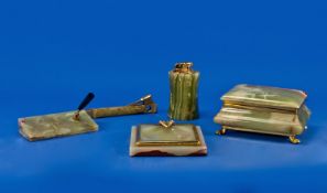 Guilded Onyx Desk Set, 5 pieces consisting of pen holder, cigar cutter, table lighter, ash tray &