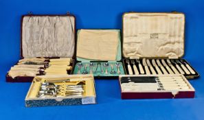 Five Boxes of Various Flatware, comprising set of six cake knives and forks, set of six knives, set