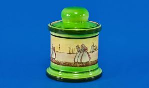 Royal Doulton Early Series Ware Circular Shaped Tea Caddy c 1900. Panaromic Dutch Scenes, with