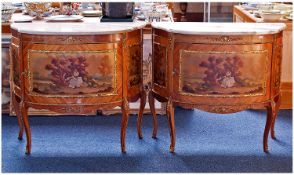 Pair of Louis XV Style Side Cabinets, of demi-lune form, marble topped, with Kingwood veneering to