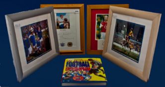 Four Framed Football Colour Photographs comprising Denis Bergkamp, Alex Young, Joe Royle and Roy