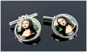 Gents Set Of Silver Cufflinks, Of Circular Form With Chain Links, The Fronts Showing An Image Of