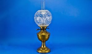 Late Victorian Brass Oil Lamp, with globular shade, partly frosted with inner glass funnel.