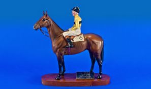 Beswick Mounted Horse Figure. `Arkle Pat Taaffe up` Raiswed on a Wooden Plinth. Model Number 2084