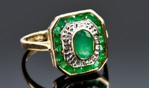 Ladies Art Deco Style 9ct Gold Emerald and Diamond Ring, fully hallmarked