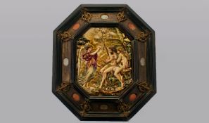 A Very Unusual Naples Porcelain Wall Plaque, depicting Adam and Eve with an angel, highly decorated