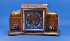 Art Deco Enfield Chinoiserie Decorated Mantle Clock, Burr Walnut Stepped And Angled Case, Central