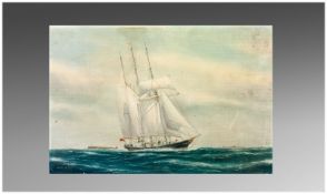 Framed Seascape of Schooner in Full Sail. Oil on panel. Titled `Sail Training Schooner ``Malcolm