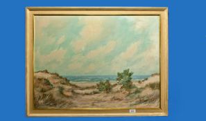 Framed Oil on  Canvas, `Blackpool Sand Dunes`. Indistinctly signed. 23 by 32 inches.