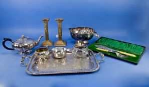 Collection Of Silver Plated And Metal Ware, Comprising Two Handled Tray, Tea Service, Cased Fish