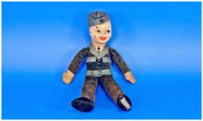Norah Wellings Military Doll, cloth bodied, wearing a velour and felt trimmed, probable RAF,