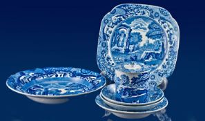 Six Pieces of Spode Italian Blue Pattern Pottery Items comprising four bowls, one honey pot and one