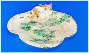 Majolica `Fox and Goose` Trefoil Dish, 19th century, pastel majolica veridian and ruby glazes to