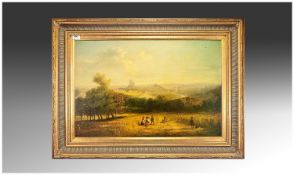 Large Framed Oilograph of a Country Harvest Scene with figures after J W Carmichael, gilt frame. 28
