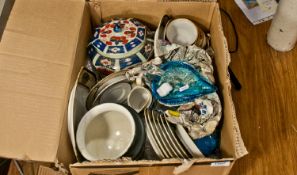 Box Of Miscellaneous Ceramics & Glass Including Trinket Pot, Cat Figure, Carlton Ware Vase,