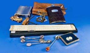 Misc Lot Of Oddments, Comprising Two Hip Flasks, PIC No 251 Slide Rule, Corkscrew, Brass Magnifying