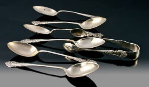 Edwardian Silver Set of Six Spoons with matched pair of sugar nips. Hallmarked Birmingham 1915.