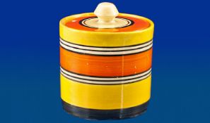 Clarice Cliff Circular Shaped Lidded Honey Pot, banded ware liberty design. Circa 1930-34. 3.5`` in