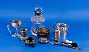 Small Collection Of Silver Comprising Glass Scent Bottle With Silver Collar, Continental Coffee Cup