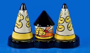 Lorna Bailey Early Hand Painted and Signed Four Piece Cruet Set, yellow and black tree design. Old