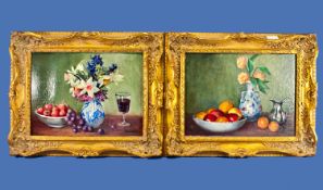 Pair of Framed Still Life Oil on Boards. Ornate gilt frame. Signed Shackleton. 15 by 12 inches.