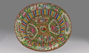 Nineteenth Century Pierced Canton Famille Rose Oval Chestnut Basket finely decorated with courtesan