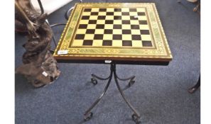 Table Chess Board on Iron Base: with set of ivory resin chess pieces of Scottish clans.