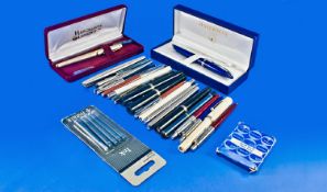 Collection Of Pens, Comprising 4 Sheaffer Ballpoint Pens, Watermans Rollerball In Case, Parker
