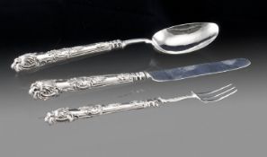 William IV Very Fine Silver 3 Piece Christening Set with embossed ornate handles, silver blades to