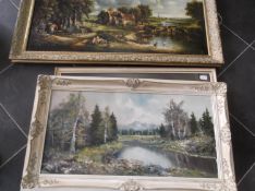 J. Fruhmesser Signed Oil on Canvas, depicting a wooded lakeland vista in the foreground, looking