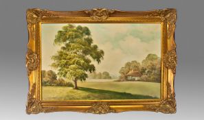 Framed Landscape, gilt frame. Oil on Canvas. Indistinctly signed. 35 by 26 inches.
