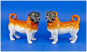 German Fine Pair of 19th Century Handpainted Pottery Pug Dog Figures. Unmarked, each figure 6.75