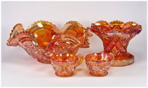 Large Carnival Glass Punch Bowl and Stand, together with a pair of matching carnival glass mugs,