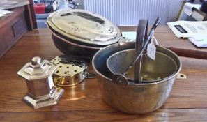 Collection of Brass comprising an Antique Brass Warming Pan, antique brass chestnut roaster, 2
